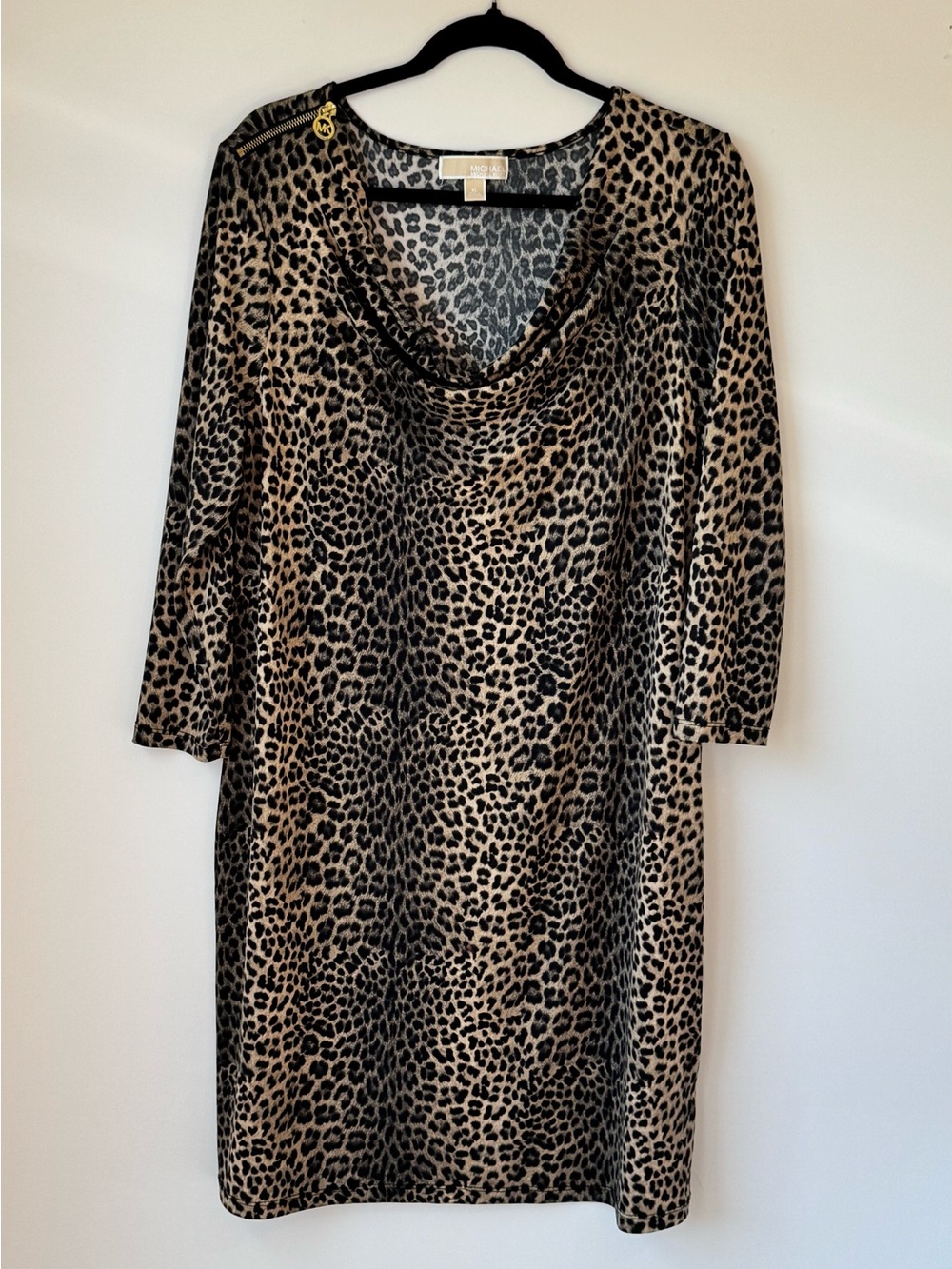 Michael Kors Leopard Print Dress XL Cowl Neck Animal Print 3/4 Sleeve